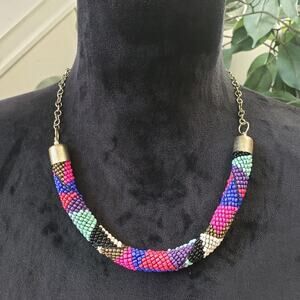 Womens Multicolor Glass Beads Geometric Patterned Handmade Necklace with Lobster